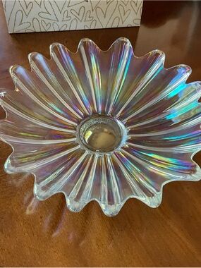 VTG 11” Federal Glass Celestial Iridescent Clear Glass Scalloped Ctr Piece Bowl